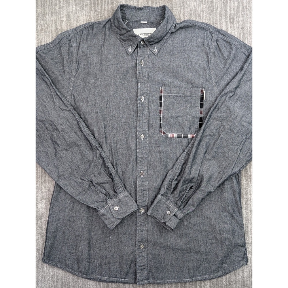 Carhartt WIP Men Large Gray Lewis Button Up Shirt Cotton Canvas Long Sleeve